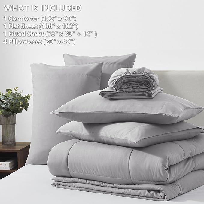 CozyLux King Size Comforter Set Grey, 7 Pieces Bed in a Bag, Gray Comforter King Size, All Season Bedding Sets with Stitch Quilted Comforter, Flat Sheet, Fitted Sheet, Pillowcases