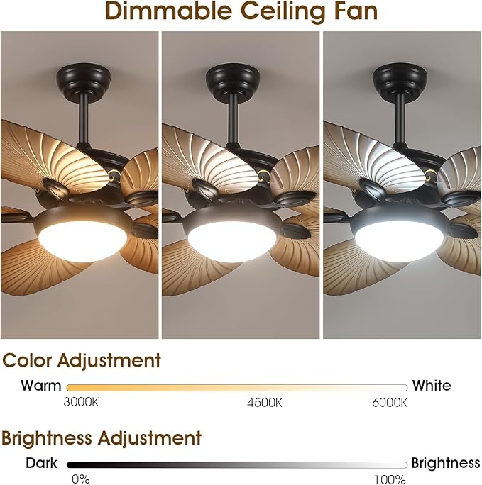 Ceiling Fans with Lights and Remote/APP Control, 52 Inch Tropical Palm Leaf Ceiling Fan with LED Lights, Outdoor Ceiling Fans for Patios Porch, Reversible Quiet Motor, Dimmable, Wood Grain