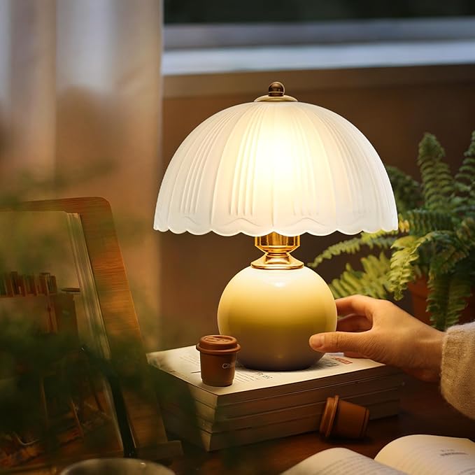 Ceramic Table lamp, Modern Bedside Lamps Mid Century Vintage Desk Lamp Retro Glass Mushroom Traditional Lamp for Nightstand Living Room Bedroom Home Decor (S05YE-1PACK)