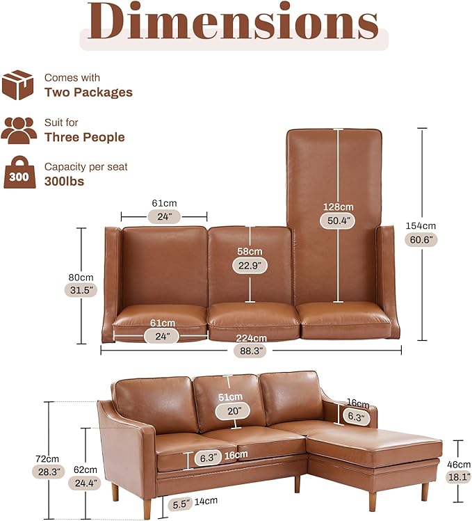 Kingfun 88" L-Shape Sofa, Faux Leather Sectional Couch, Mid Century Modern Couches with Solid Wood Frame for Living Room & Bedroom, Dark Brown