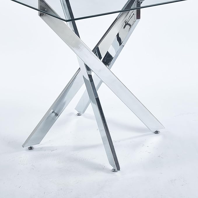 36" Square Dining Table for 4, Modern Clear Glass Kitchen Table for 4 with Silver X Metal Legs, Contemporary Small Glass Dining Room Leisure Tables for Kitchen Apartment