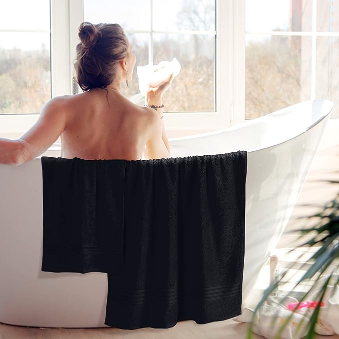 BOUTIQUO 6 Pack Cotton Towel Set, Contains 2 Bath Towels 28x55 inch, 2 Hand Towels 16x24 inch & 2 Wash Coths 12x12 inch, Ideal Everyday use, Ultra Soft Compact & Lightweight - Black