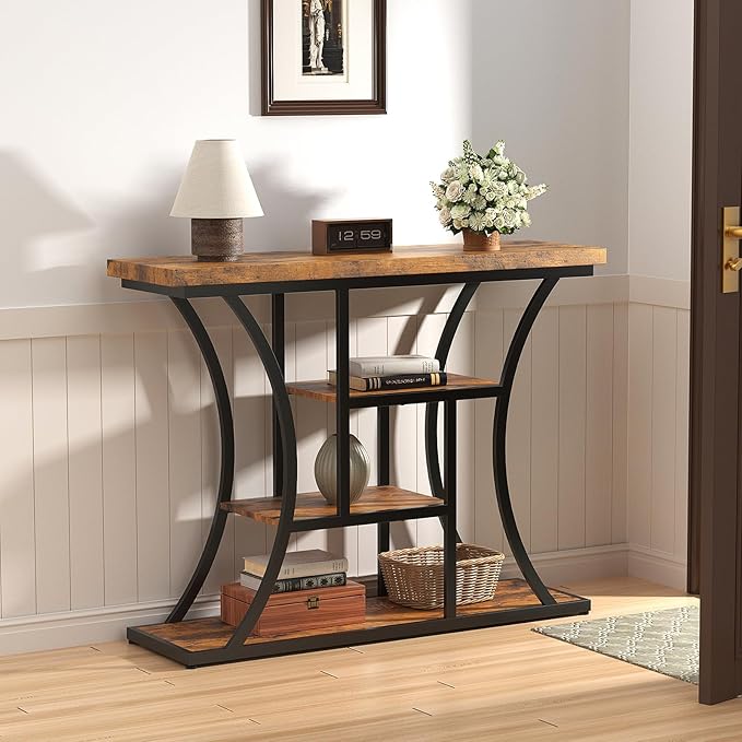 41.3'' Industrial Sofa Table with 4 Tier Storage Shelves, Narrow Long Console Table Entryway Table with Curved Metal Frame, Rustic Wood Accent Table for Hallway, Foyer, Rustic Brown