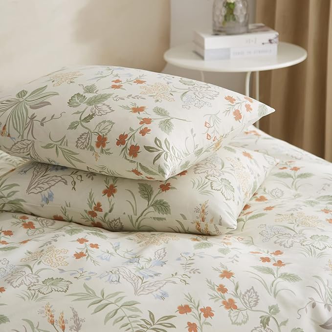 EAVD Vintage Garden Floral Comforter Set Queen White Soft Microfiber Bedding Set Chic Fresh Floral Leaves Aesthetic Bedding Set with 2 Pillowcases Reversible Botanical Comforter Set