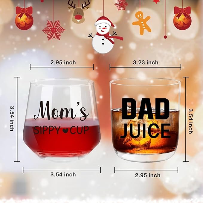 Ithmahco Parents Christmas Gifts, MOM's SIPPY CUP DAD JUICE Wine and Whiskey Glass Set, Mom and Dad Gifts for New Parents, New Parent Gift For Couples, Mom and Dad Cups Gift for Christmas