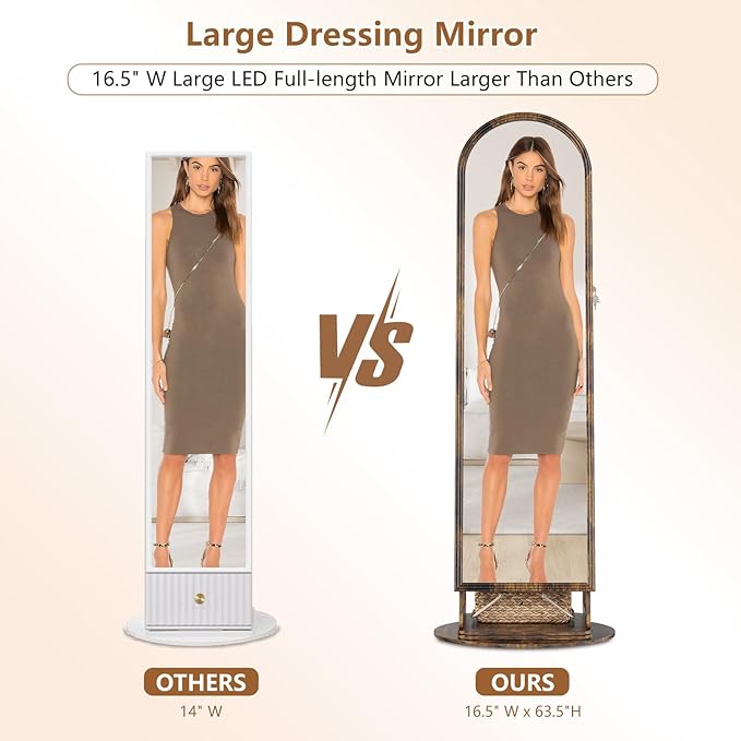 HWB LED Mirror Jewelry Cabinet, 360° Swivel Jewelry Organizer Standing, Arched Wide Full-Length Mirror with Storage Shelves, Interior Mirror, Wood Jewelry Armoire for Lady Girls, Brown