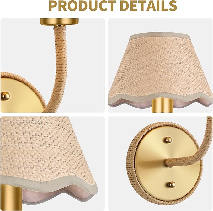Boho Hand Woven Rattan Wall Sconces Set of Two Gold Rustic Wall Lamp Hardwire Brass Farmhouse Wall Mount Lights for Bedroom Living Room Hallway Vanity