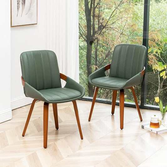 Mid Century Modern Faux Leather Upholstered Dining Chairs Set of 2,Armless Accent Chairs with Sturdy Natural Wood Legs,Bamboo Backrest Support for Kitchen&Dining Room Chairs(Green PU)