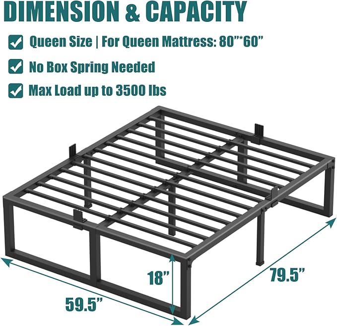 18 Inch Queen Bed Frame,3500 lbs Heavy Duty Metal Platform, Steel Slats Support/No Box Spring Needed/Noise Free/Non-Slip/Easy Assembly