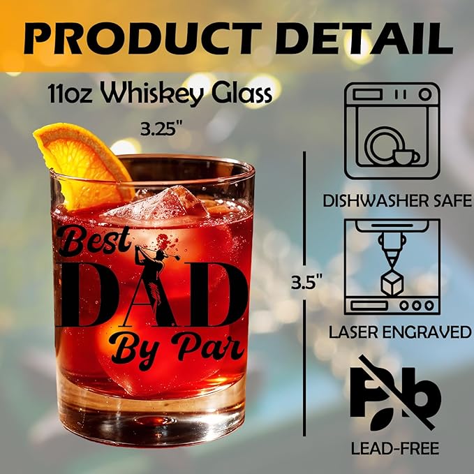 Golf Dad Gifts Old Fashioned Whiskey Glasses, Golfing Gifts for Father Birthday, Best Dad By Par 10 oz Rocks Barware Cup for Cocktail Drinks Scotch Bourbon Liquor