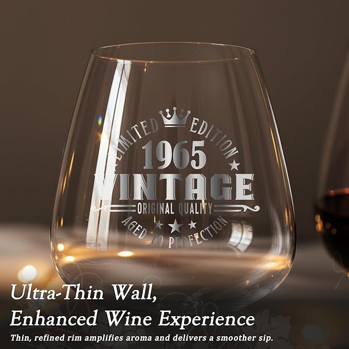 Crystal Burgundy Wine Glasses Cup Red Long Stem White Personalized Cute Large Women 60th Birthday Gifts for Her 60 Years Old Best 1965 Funny Cool Friend Gift Unique Birthday Party Decorations