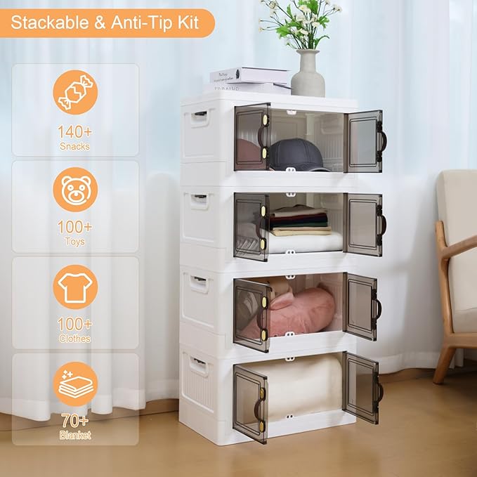 MOONEDGE 140QT Stackable Plastic Storage Bins with Lids & Handles, Foldable Collapsible Closet Organizer with Magnetic Doors and Side Locking, 4 Pcs for Living Room, Office, Garages