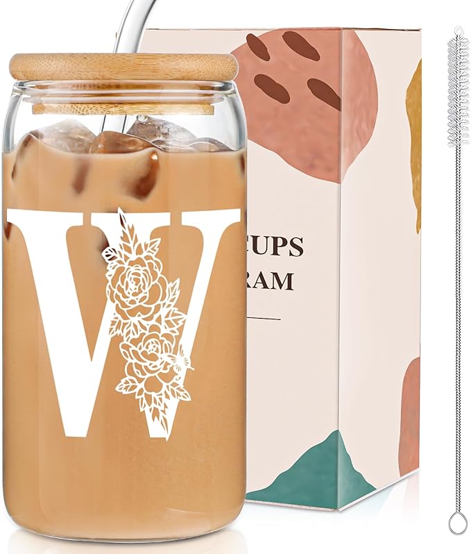 DWTS DANWEITESI Birthday Gifts for Women: Initial Glass Cup as Office Graduation Memorial Holiday Personalized Gifts - for Husband Aunt Uncle Teen Boy Employee Coworkers Him and Her - W Aesthetic Cup