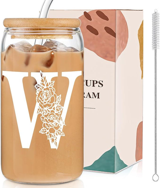 DWTS DANWEITESI Birthday Gifts for Women: Initial Glass Cup as Office Graduation Memorial Holiday Personalized Gifts - for Husband Aunt Uncle Teen Boy Employee Coworkers Him and Her - W Aesthetic Cup