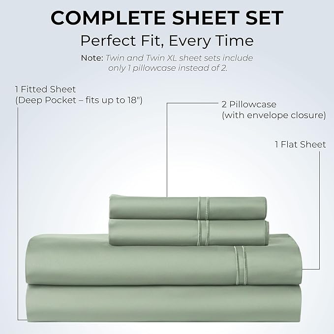 100% Natural Cotton Sheets Queen Size Bed Set | 500 TC Single-Ply Sateen Weave | Soft, Breathable, Hypoallergenic Solid 4-Piece Bedding with Deep Pocket Fitted, Flat, Pillowcase | Sage