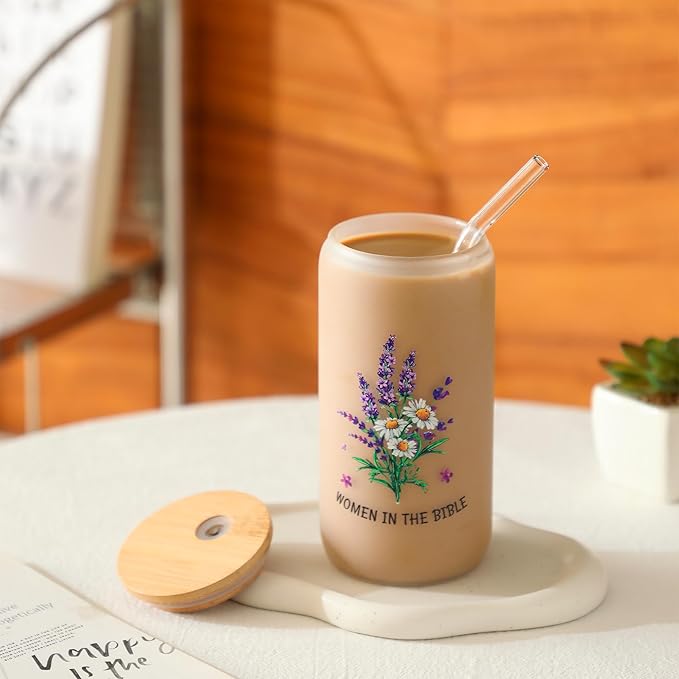Christian Gifts for Women - Women of the Bible Glass Coffee Tumbler with Straw and Gift Box - 16oz Christian Mug for Mother's Day, Sister, or Bible Lovers (Frosted Glass cup)
