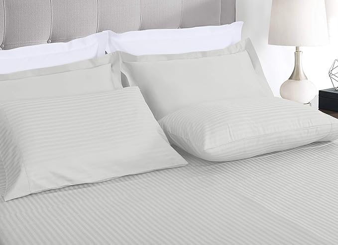 Threadmill 100% Cotton Sheets for Twin Size Bed - 600 Thread Count Twin Bed Sheets Set with 15” Deep Pocket - Damask Stripe Sateen Weave 3-Piece Bedding Set with Cooling Effect, Light Grey