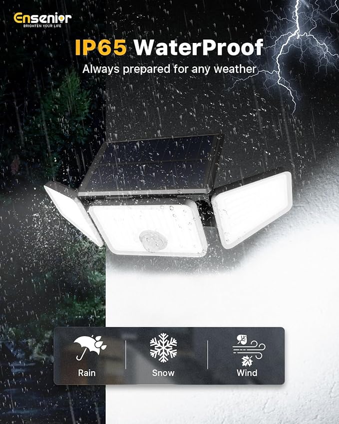 Ensenior Motion Sensor Outdoor Lights, 220 LED IP65 Waterproof Solar Security Light with Remote Control, 3 Heads Solar Flood Light Outdoor with 4 Modes, 270° Wide Angle Motion Light for Outside -4Pack