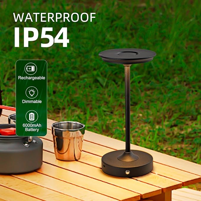 2 Pack Rechargeable Table Lamp, LED Cordless Table Lamp, 5000mAh Battery Operated Portable Table Light,Dimming for Restaurant/Patio/Outdoor(Black)