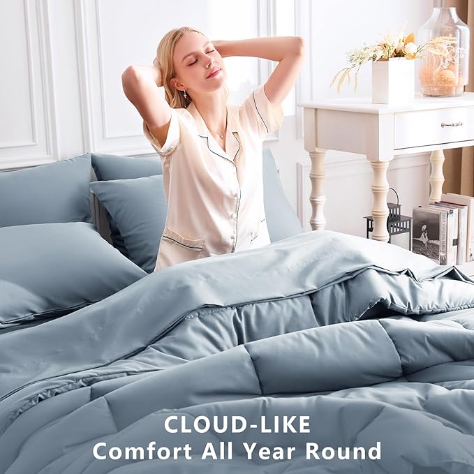 CozyLux Full Size Comforter Sets Grayish Blue, 7 Pieces Bed in a Bag, Blue Comforter Full Size, All Season Bedding Sets with Stitch Quilted Comforter, Flat Sheet, Fitted Sheet, Pillowcases