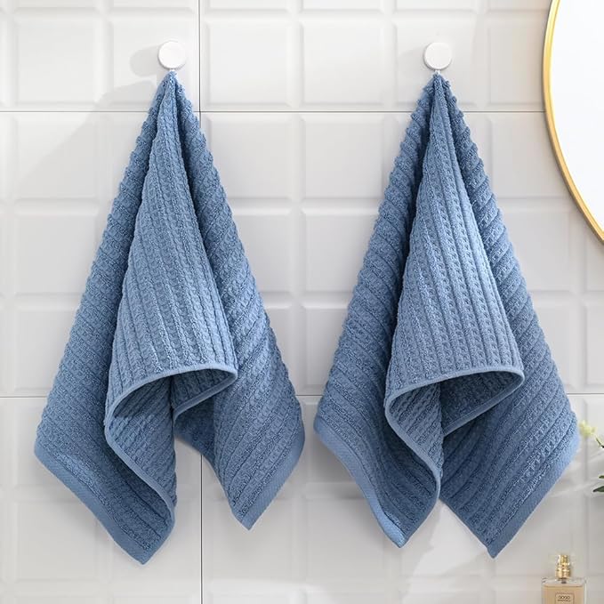 sense gnosis Blue Hand Towel Set of 2 Ultra Soft 100% Cotton Waffle Terry Striped Absorbent Lightweight Fast Drying Decorative Hand Towels for Bathroom 13" X 29"