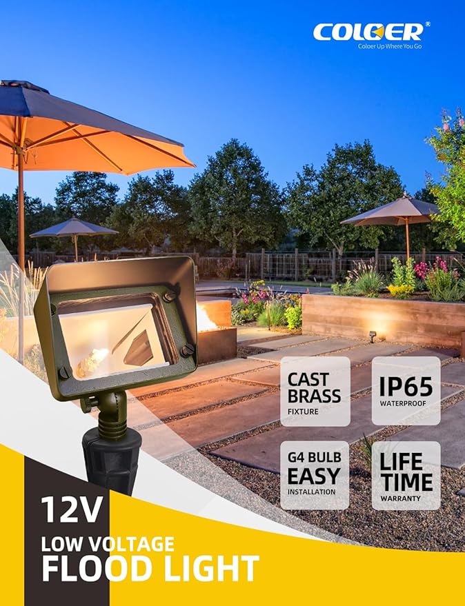 COLOER Brass Rectangular Flood Lights 12-Pack Without Blub, 12V Low Voltage Landscape Floodlights for Outside, Outdoor Wall Lights Illuminating Signs, Walls and Plant Material