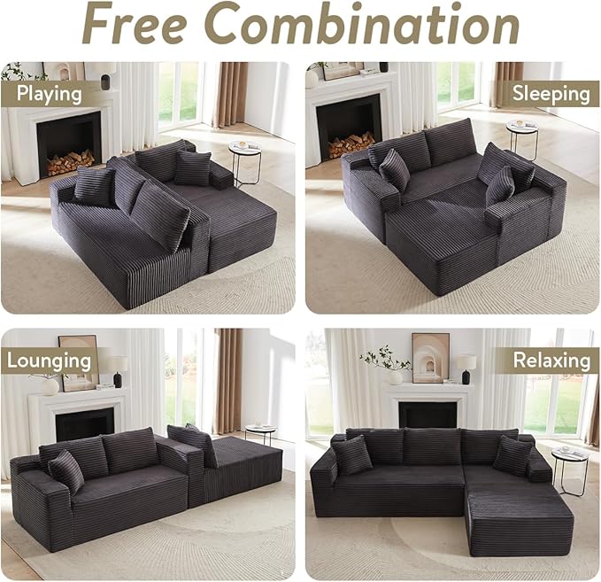 104 Inch Cloud Sectional Couch with L-Shape Chaise,Modern Upholstered Couches with Deep Seat,Corduroy Sponge Compressed Sofa for Living Room, Bedroom,No Assembly Required (Dark Grey)