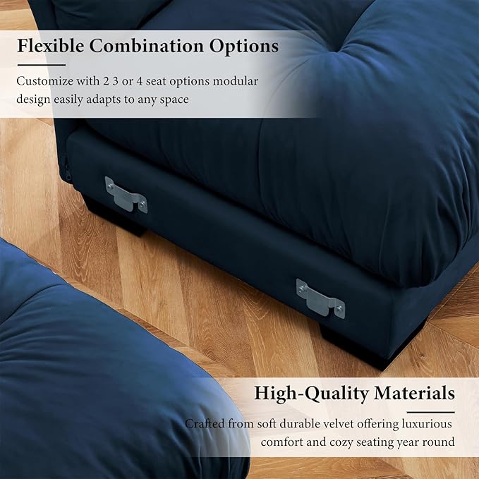 130" Oversized L Shaped Sectional Sofa, 3 Seater Modular Velvet Cloud Couch with Ottoman, Blue Large Fluffy Couch Set for Living Room