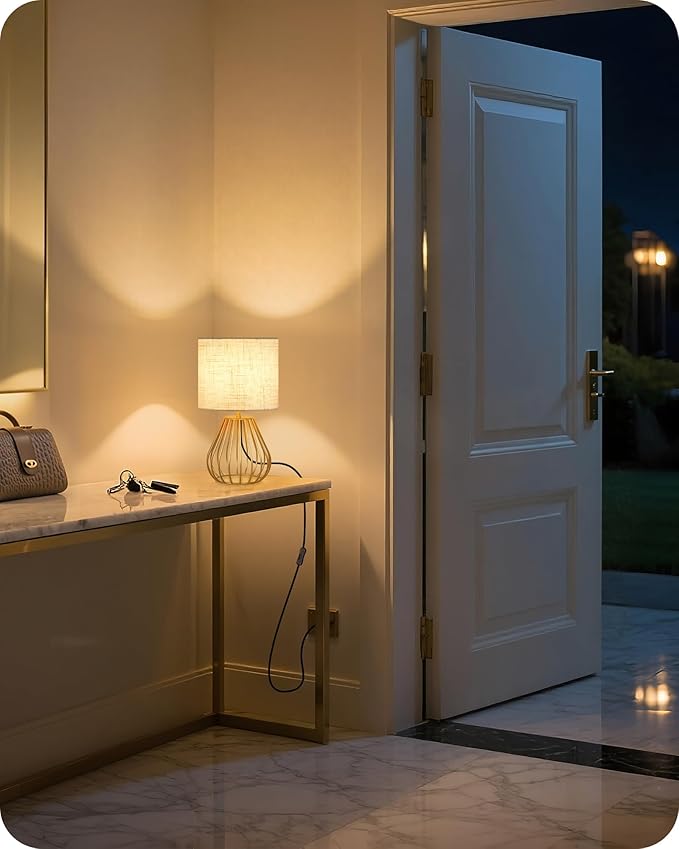 Gold Bedside Table Lamp, 12.6'' Small Table Lamp with Beige Linen Lampshade & Gold Teardrop Cage, Modern Little Cute Desk Lamp for Bedroom, Living Room, 2700K LED Bulb Included DE06TL05