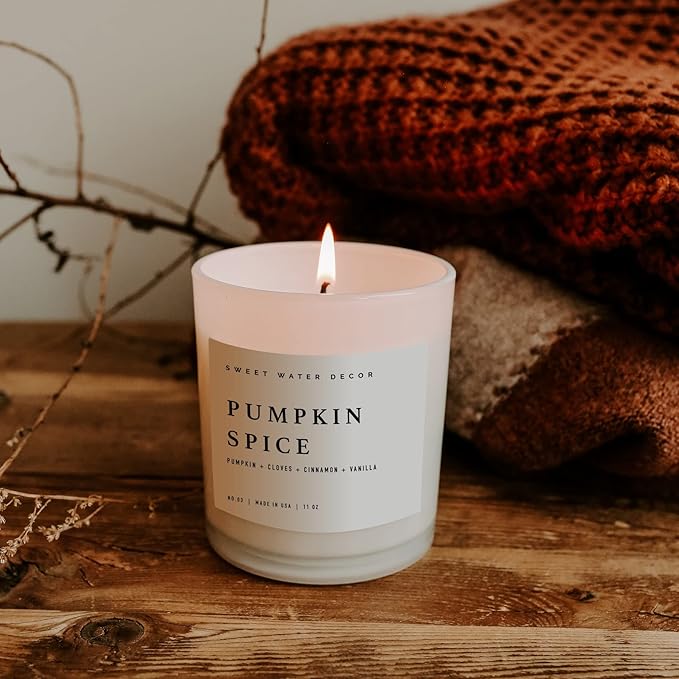Sweet Water Decor Pumpkin Spice Candle - Fall Candles with Pumpkin, Clover, Cinnamon & Vanilla Scent for Home - Pumpkin Candle with 50 Hours Burn Time - 11Oz Wood Lid White Jar Soy Candles
