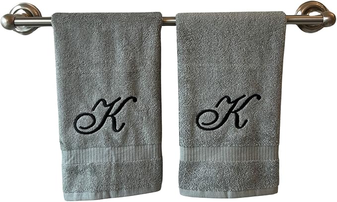 Gray Monogrammed Hand Towels for Bathroom - Luxury Hotel Quality Personalized Initial Embroidered Towel for Powder Room, Spa - GOTS Organic Certified - Set of 2 Black Letter K