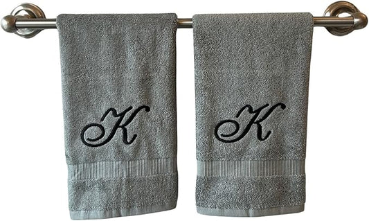 Gray Monogrammed Hand Towels for Bathroom - Luxury Hotel Quality Personalized Initial Embroidered Towel for Powder Room, Spa - GOTS Organic Certified - Set of 2 Black Letter K