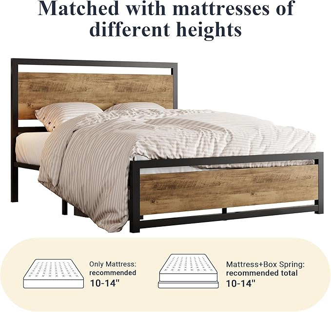Allewie Queen Bed Frame with Headboard, Heavy Duty Metal Platform Base with Strong Support, Underneath Storage Space, Stable Mattress Foundation, No Box Spring Needed, Brown