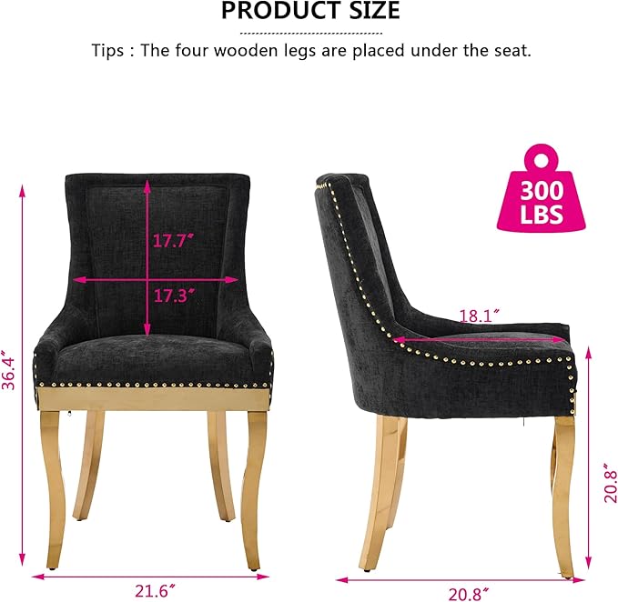 Luxury Fabirc Upholstered Dining Chairs Set of 6,Neutral Chenille Kitchen Room Chair with Nailhead Trim,6 Piece Modern Side Chairs for Dining Room,Living Room,Bar (Black-Gold, Set of 6)