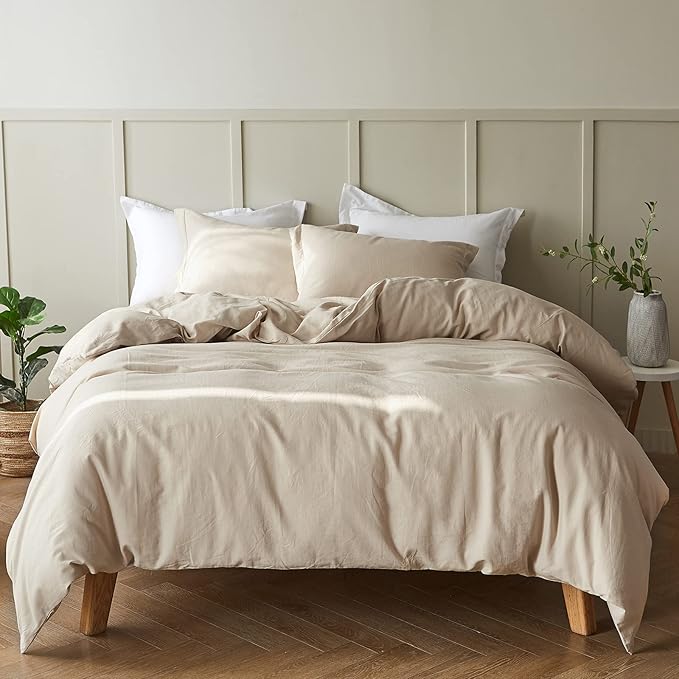 Simple&Opulence French Linen Duvet Cover Set 88" x 92"- 5 Pieces (1 Comforter Cover,4 Pillowcases)- Natural Flax Cotton Blend-Solid Color Breathable Farmhouse Bedding-Linen/Beige, Queen