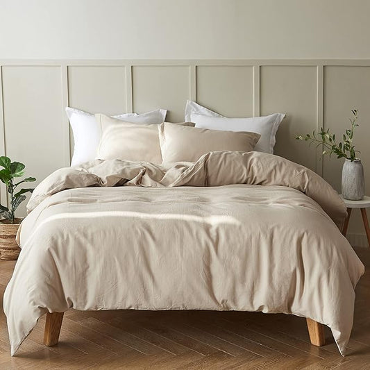 Simple&Opulence French Linen Duvet Cover Set 88" x 92"- 5 Pieces (1 Comforter Cover,4 Pillowcases)- Natural Flax Cotton Blend-Solid Color Breathable Farmhouse Bedding-Linen/Beige, Queen