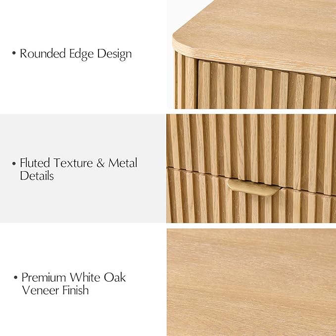 Fluted Nightstand Set of 2 with 3 Drawers, Modern End Table with Charging Station, USB Type-C Ports & Metal Frame for Bedroom,Natural