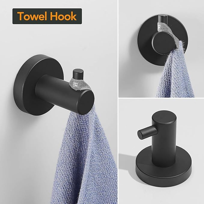 BESy 4 Piece Bathroom Accessories Set Hardware Set (Adjustable Double Towel Bar, Hand Towel Holder, Toilet Paper Holder, Towel Hook) Bath Fixtures Set Wall Mounted SUS304 Stainless Steel Matte Black