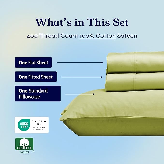 California Design Den Twin XL Sheet Sets - 400 Thread Count Sateen, 100% Cotton Sheets Twin XL, Deep Pockets, Cooling and Durable Bedding for Dorm Rooms & Adults - Celery Green