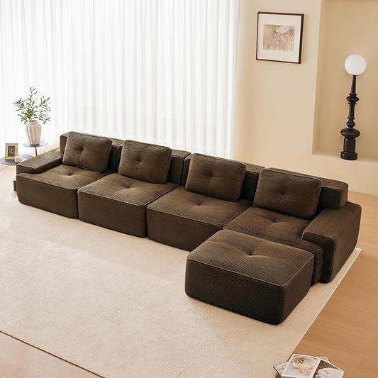 150" Modern Compressed Boneless Couch with Ottoman, 4 Seater Large L Shaped Sectional Couches for Living Room, Brown Corduroy Cloud Modular Sectional Sofa, Memory Foam, Extra Deep, No Assembly
