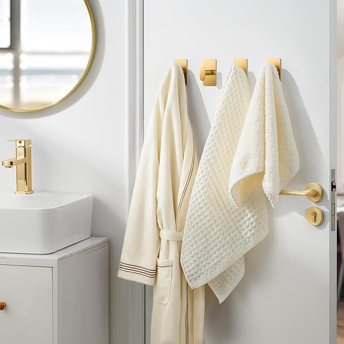 pickpiff Adhesive Towel Hooks for Bathroom: 20LB Extra Strong Wall Hanger for Shower Kitchen RV Dorm Apartment, Gold 4 Pack