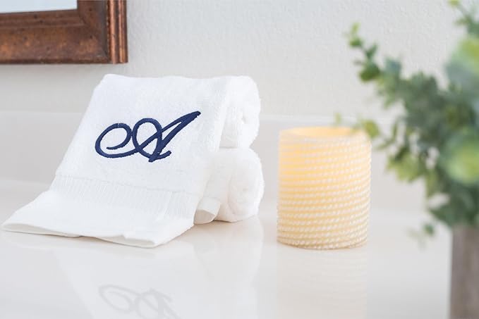 White Monogrammed Hand Towels for Bathroom - Luxury Hotel Quality Personalized Initial Embroidered Towel for Powder Room, Spa - GOTS Organic Certified - Pack of 2 Navy, Letter A