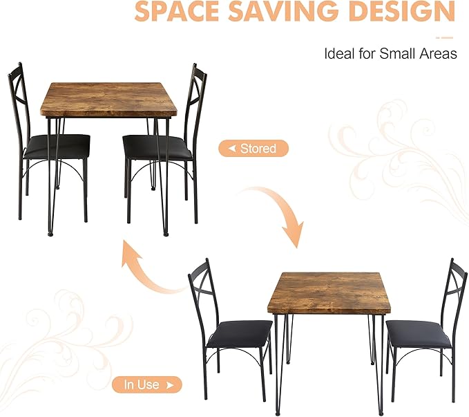 VECELO 3-Piece Dining Table Set for Home Kitchen Small Space Breakfast Nook, 2 Faux Leather Metal Frame Chairs, Classic Brown,Set for 2