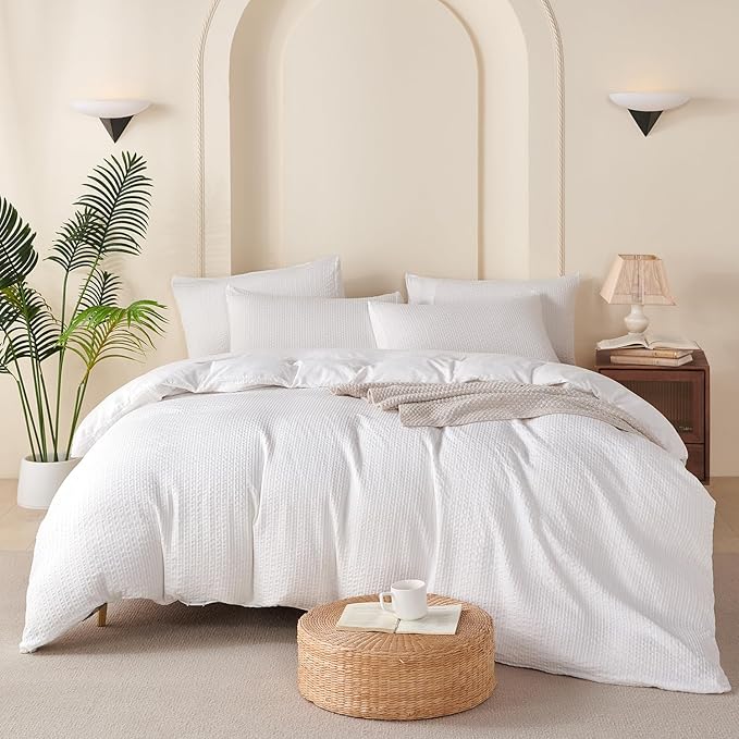 White Comforter King Set Striped 100% Soft Washed Microfiber Jacquard 3 Pieces Striped Bedding Sets White Comforter for All Seasons and 2 Pillowcases Comfort Breathable