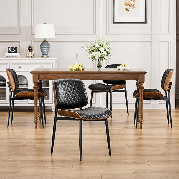Dining Chairs Set of 2, FSC Certified Mid Century Modern Accent Dining Room and Kitchen Chairs, Upholstered PU Leather Diamond Check Chairs with Walnut Bentwood and Metal Legs, Black