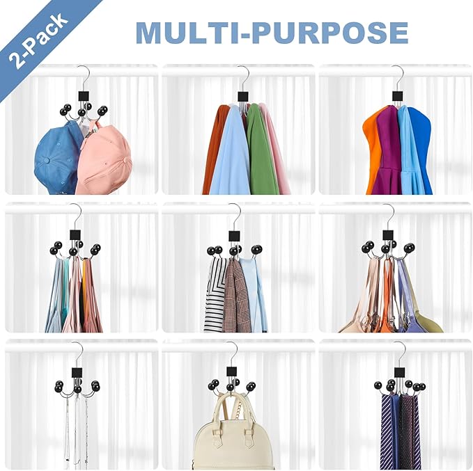 TOPIA HANGER Sweatshirt Hangers 2-Pack with 6 Wooden Balls, Purse Hanger, Scarf Hanger, Wooden Closet Hooks, Handbag Organizer, Bra Hanger, Accessory Organizers for Scarf, Tanktop, Hat, Hoodie CT82B