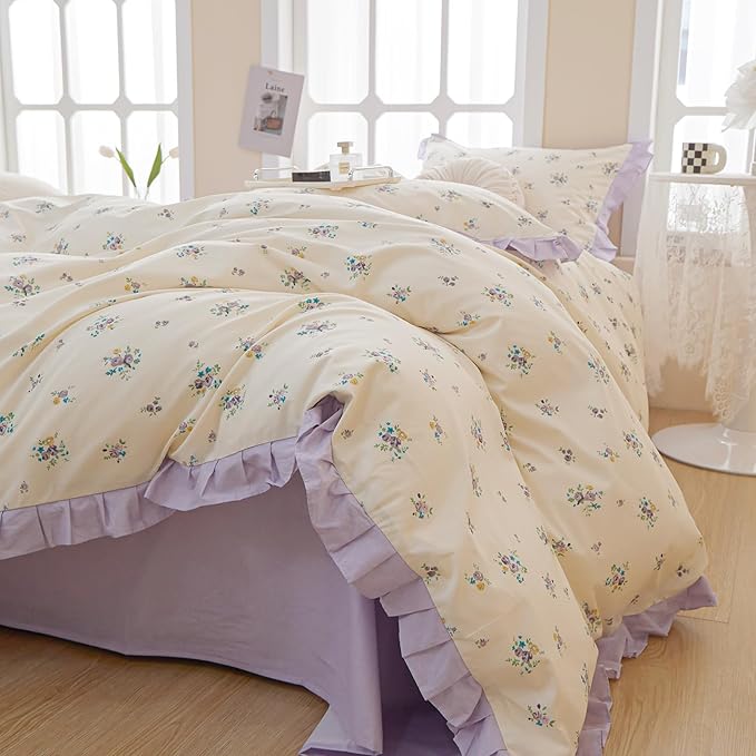 Purple Lace Duvet Cover Queen Soft 100% Cotton Purple Flower Duvet Cover Girls Floral Comforter Cover Garden Style Princess Bedding Set Cottagecore Flower Ruffle Comforter Cover with Zipper Closure