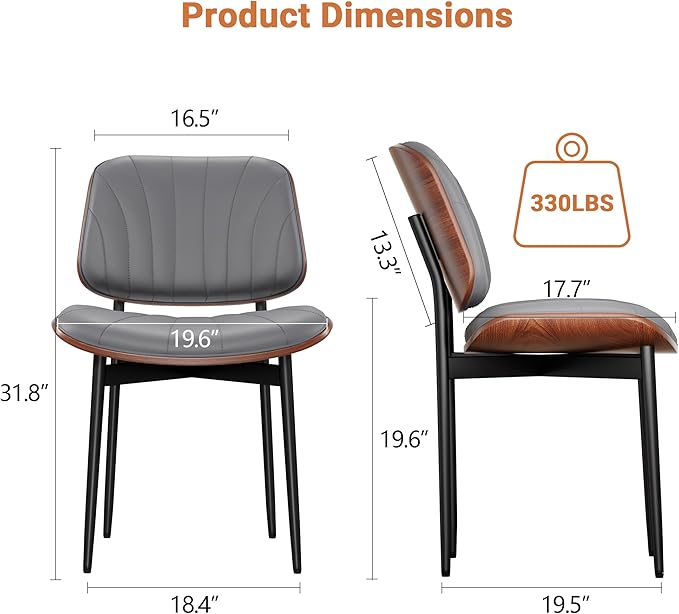 Dining Chairs Set of 4, Dining Room and Kitchen Chairs, Mid Century Modern Accent Chair, Upholstered PU Leather Chairs for Vanity with Walnut Bentwood and Metal Legs, Gray