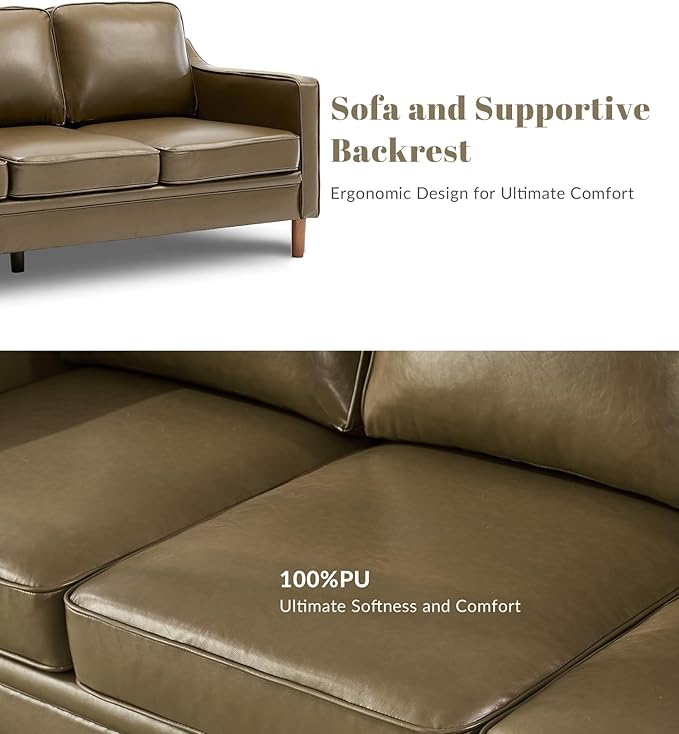 Kingfun 80" Faux Leather Sofa, 3 Seater Couch, Mid Century Modern Couch with Solid Wood Frame for Living Room & Bedroom, Olive Green