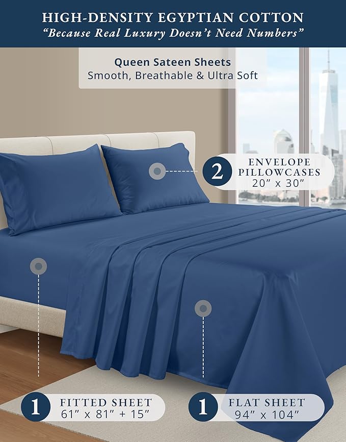 LANE LINEN 100% Egyptian Cotton Queen Sheet Set, Luxury Hotel Like Thick Fully Elasticized Mercerized Sheets Queen Size Set, No Pill Fade Resistant Bedding Sheets & Pillowcase Set - Sea Sail